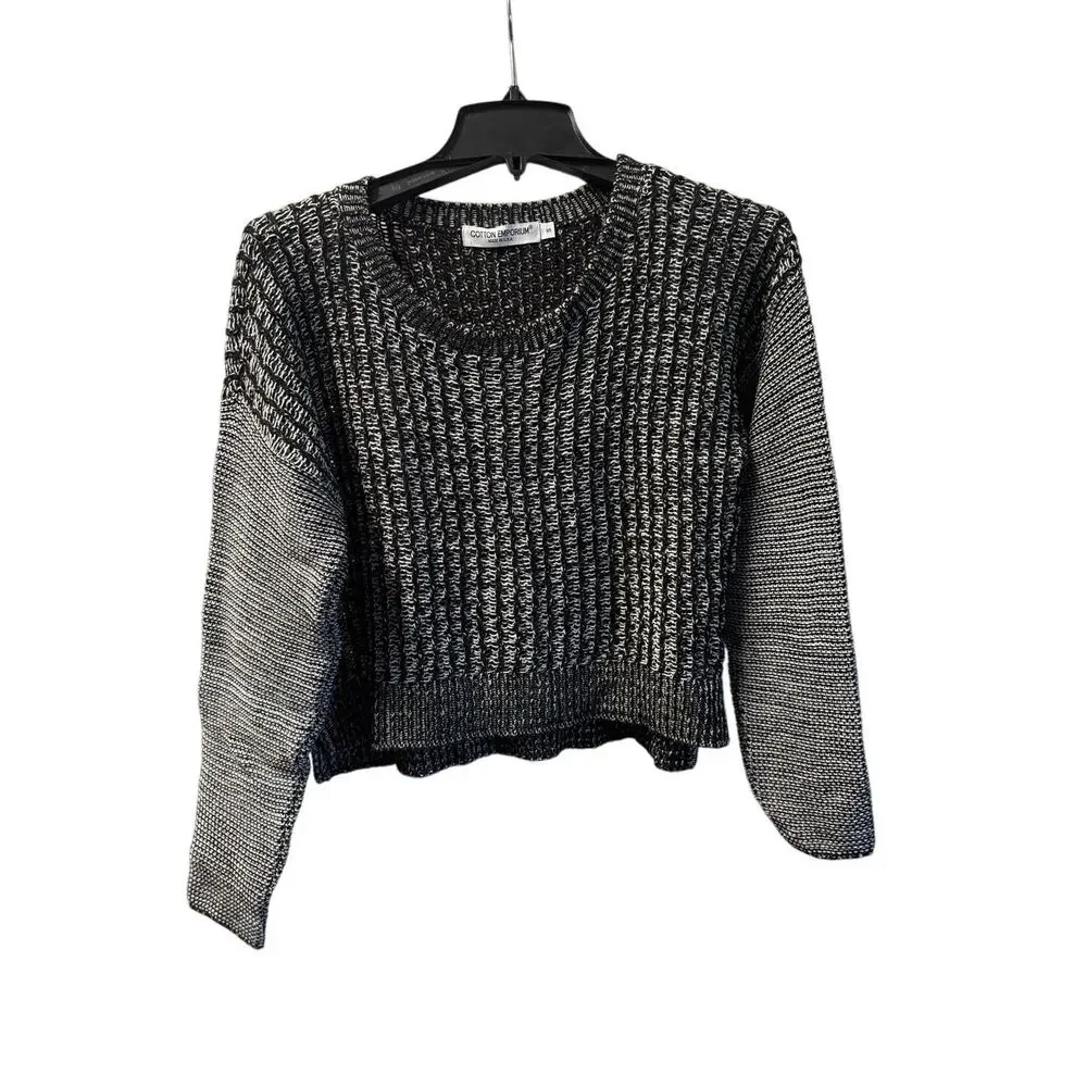 Cotton Emporium Cropped Sweater Size small Black White Long Sleeve Tunic Top